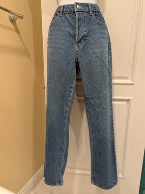 HM Medium Blue High Rise Waisted Straight Leg Jeans Denim Button Fly
